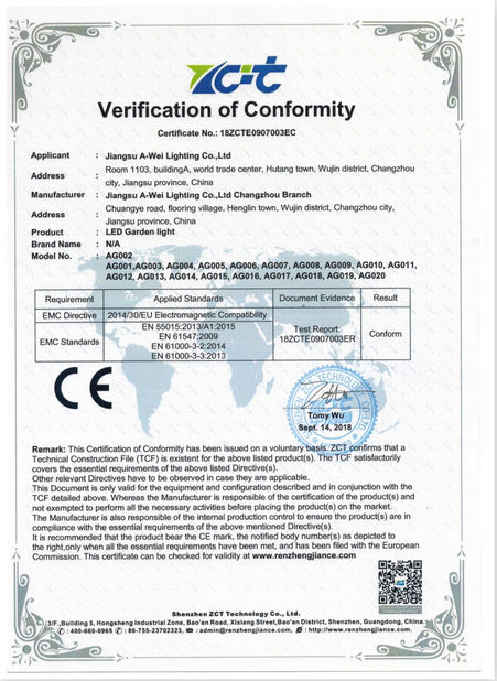 China Jiangsu A-wei Lighting Co., Ltd. certificaten